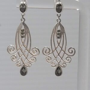 MWS Sterling Silver 925 Green Glass Stones Filigree Scroll Drop Earrings Womens